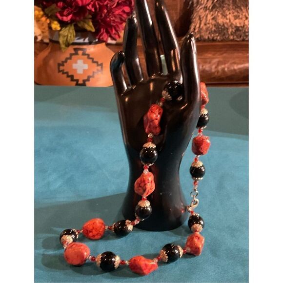 Vintage Onyx Silver Red Turquoise Necklace - Picture 2 of 13